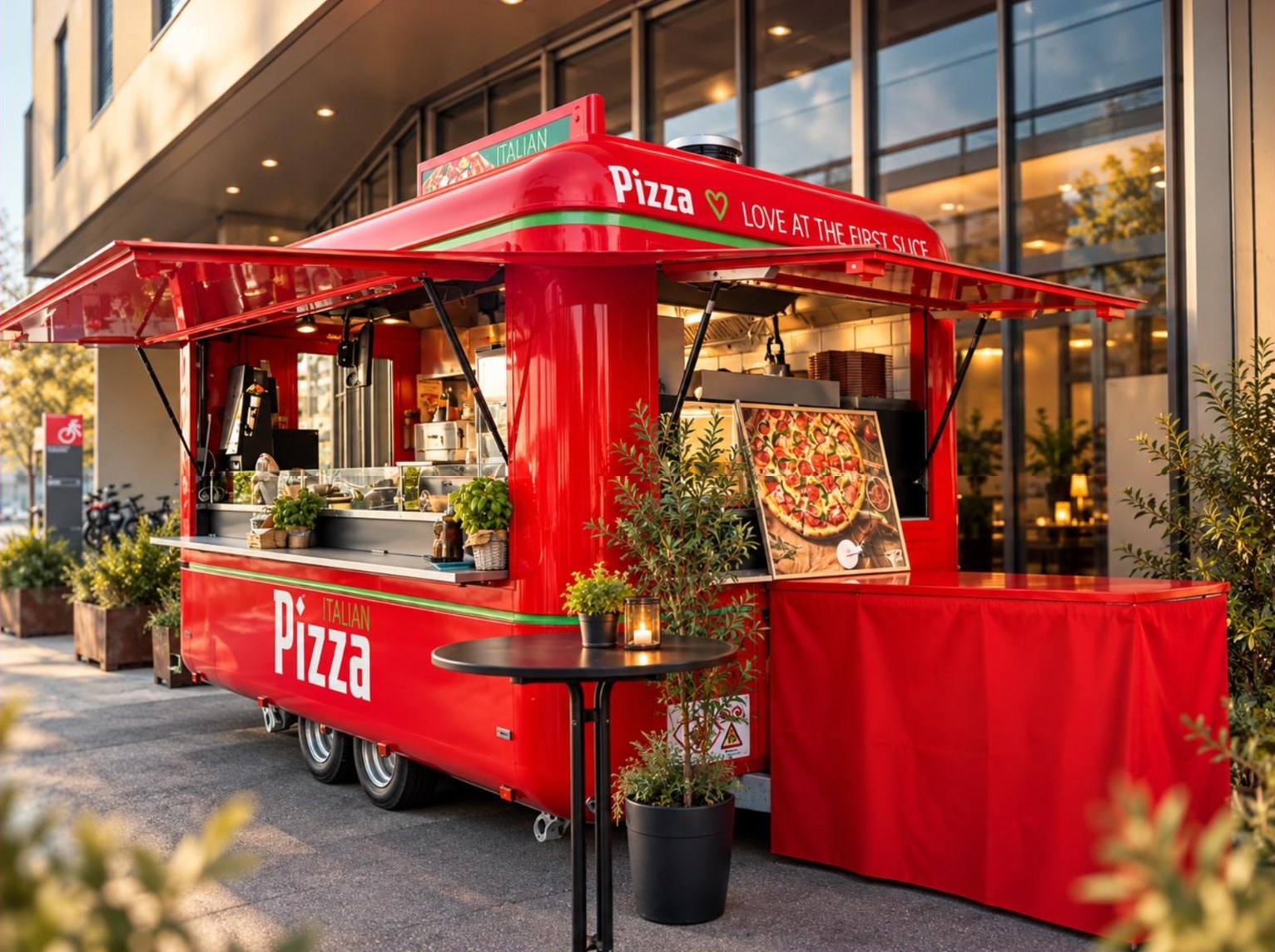 Roter Pizza-Foodtruck von Blue Sky mit geöffneter Ausgabe und Stehtisch vor einem Gebäude in Bern
