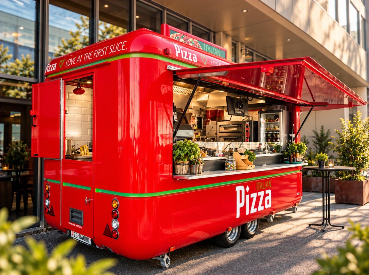 Roter Pizza-Foodtruck von Blue Sky mit ausgeklappter Markise im Abendlicht in Bern