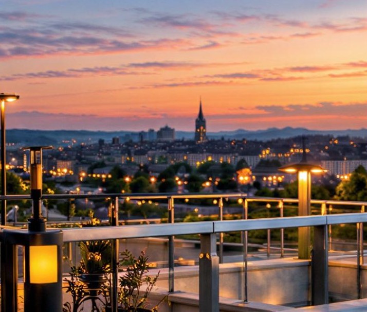 Abendstimmung auf der Rooftop-Terrasse von Blue Sky mit Blick auf die Stadt Bern